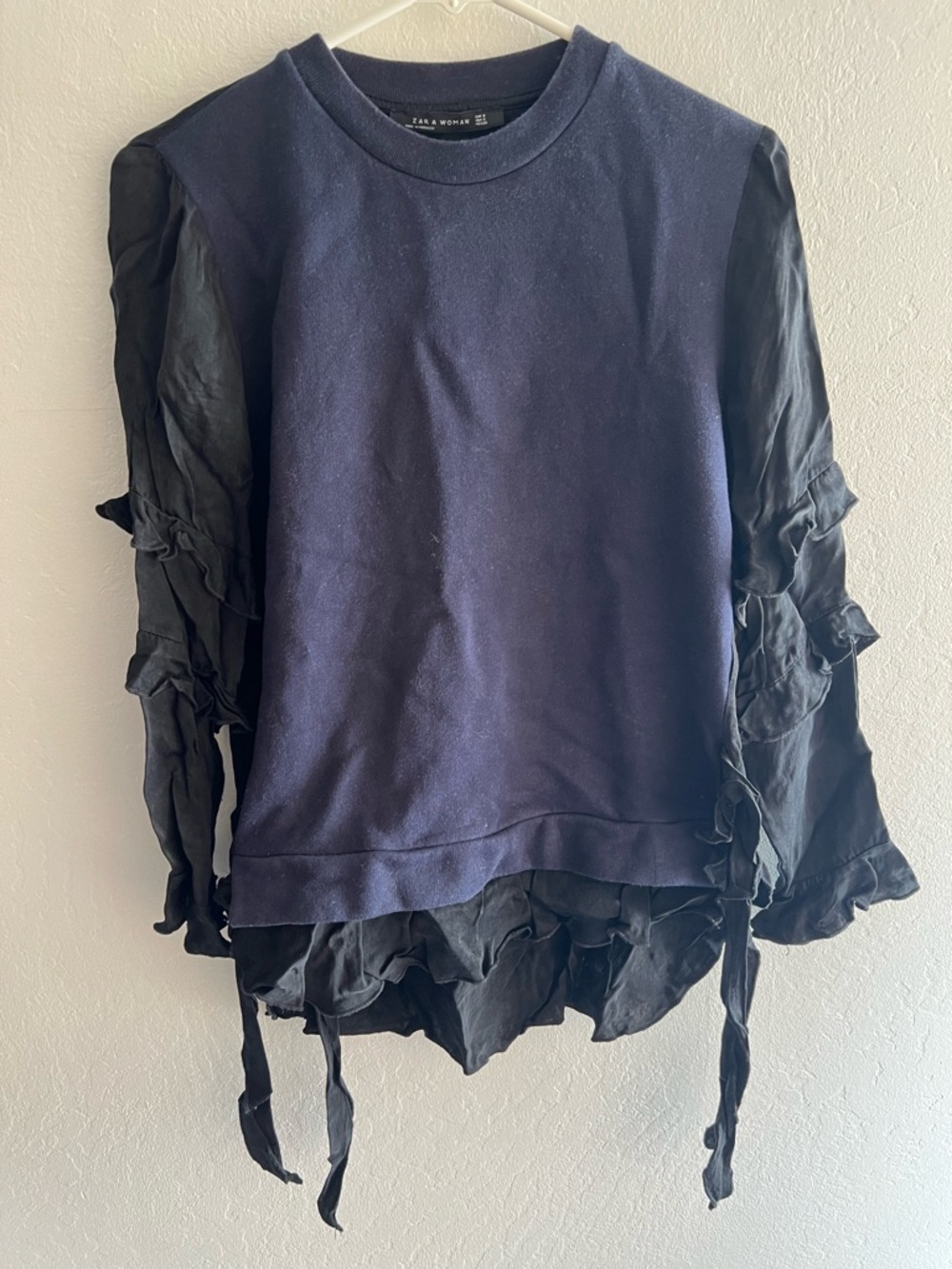 Zara Woman Navy Pullover with Black Ruffle Sleeve Accents